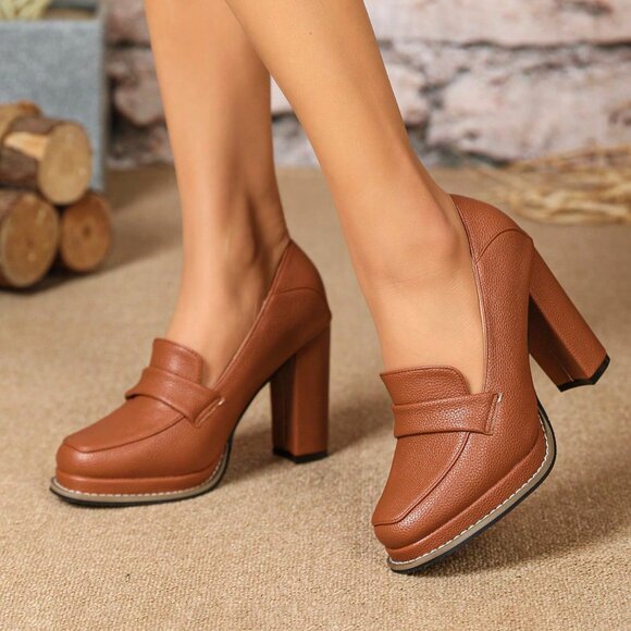 Brown Elegant Women's High Heel Square Toe Shoes - Picture 5 of 8